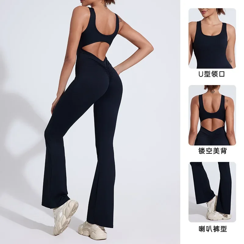 Sexy Scrunch Bum V Back One-piece Sporty Jumpsuit  Wide Leg Sport Pilates Fitness Gym Overalls Women Yoga Clothes Dance Romper