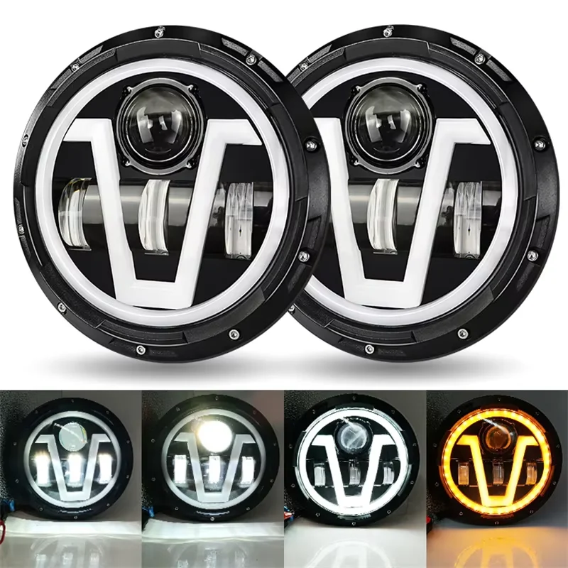 7インチバイク用ledヘッドライト、エンジェルアイターンシグナルランプ、7インチ丸型ledヘッドライト、車、バイク、ジープ・ラングラーjk、ハーレー用