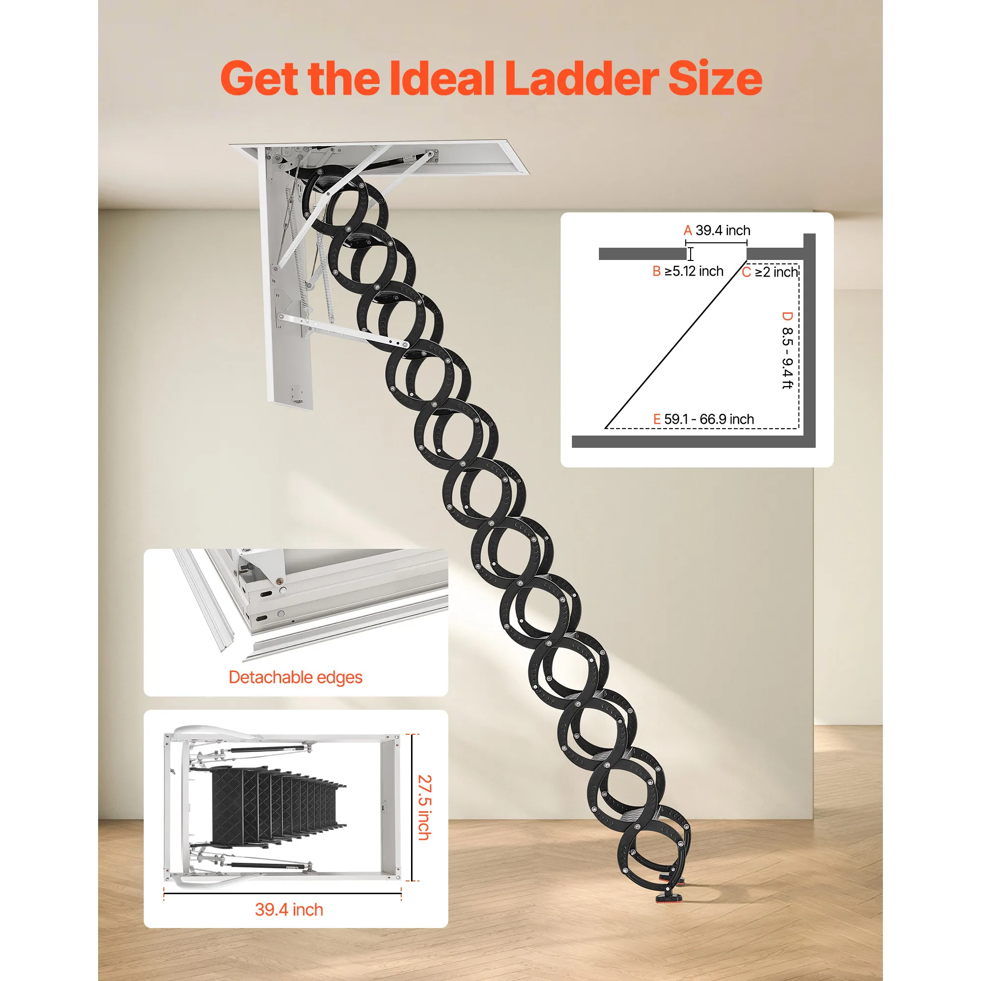 VEVOR Attic Ladder 660LBS/299.4KG Fits 8.5 to 9.4 ft Height&39.4 x 27.5 inch Pull-Down Stair w/Pulling Rod to Attic Loft Roof