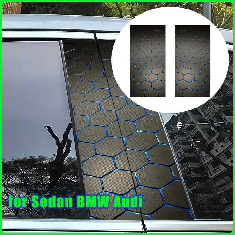 

2pcs Car B-Pillar Sticker - Scratch Resistant Vinyl, Geometric Hexagon Blue Embellished Designed for Sedan BMW Audi