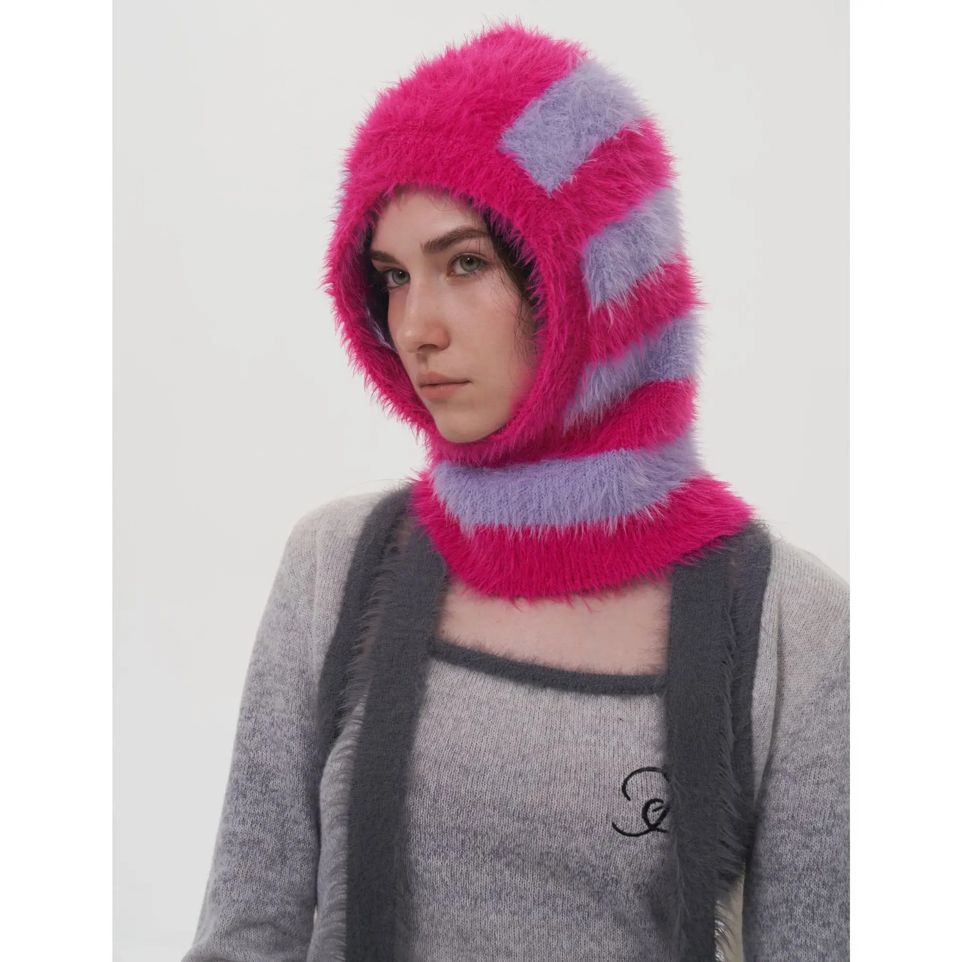 Women's Knitted Balaclava Ski Mask Double Stripe Faux Mink Fur Beanie Hat Winter Warm Outdoor Cycling