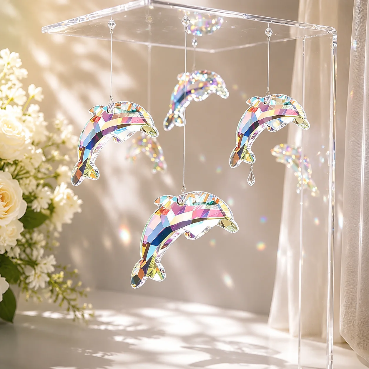 Attrape-soleil AB Dolphin en cristal, prisme captivant, réflexion de lumière arc-en-ciel, décoration suspendue pour jardin, cadeau pour les amoureux de l'océan, pendentif en verre
