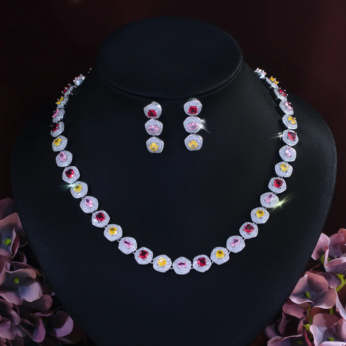 

2026 Women Colorful Cubic Zirconia Necklace Earrings Set Light Luxury Exquisite Craft Fashion Jewelry for Party Dating Accessory