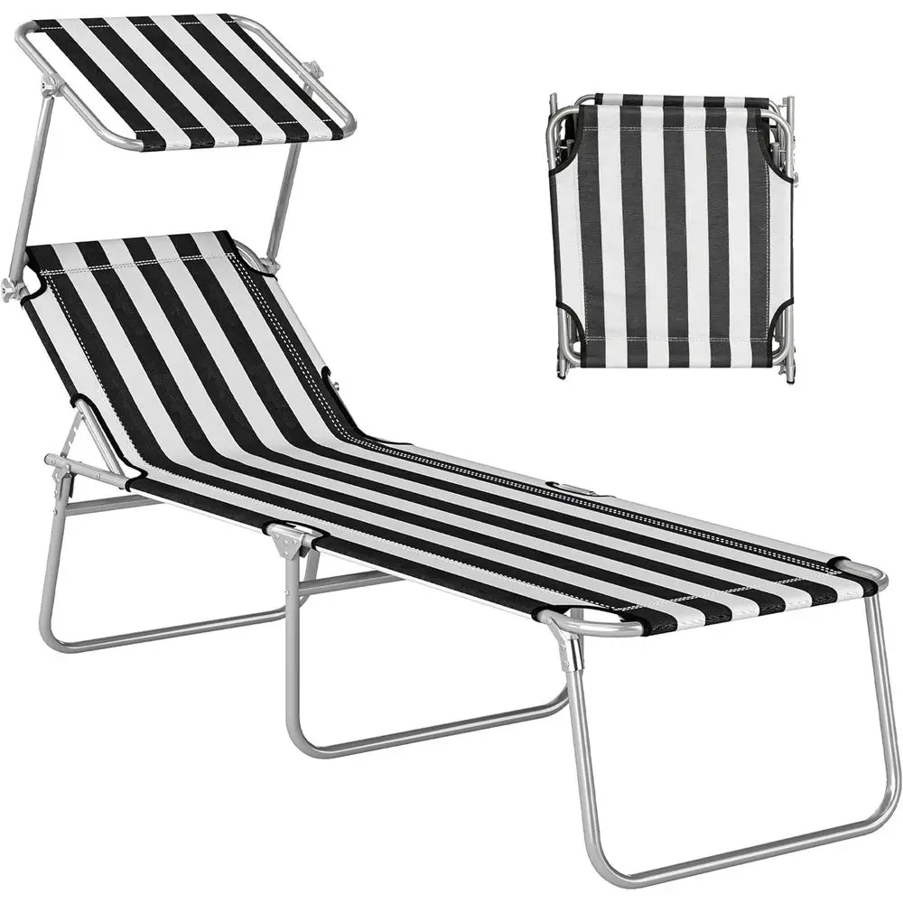 Portable Adjustable Chaise Lounge Chair with Sunshade for Tanning, Beach, Camping, Hiking, Backyard - Black and White