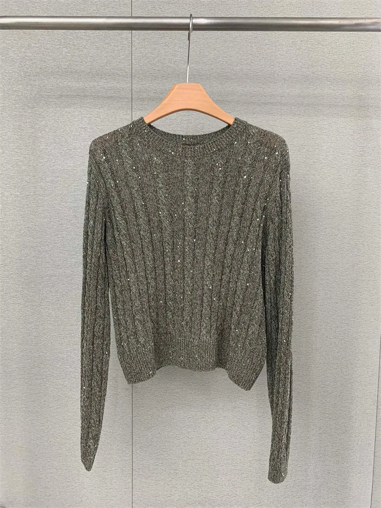 New Autumn Women\'s Open-Knit Sweater Crew Neck Cable Knit Long Nylon Linen Blended Fabrics Sleeve Sweater