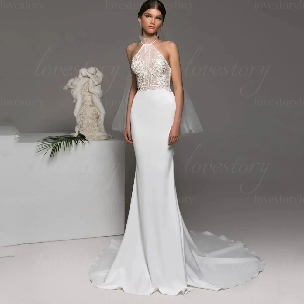 Halter Illusion Customized Mermaid Wedding Dresses Classic Bridal Dress Lace Beading Bride Gowns New Vestido De Novia