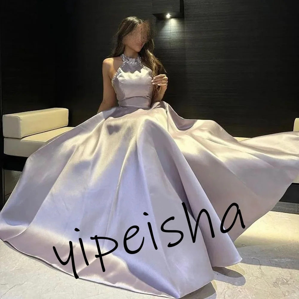 Customized elegant Simple Halter Evening Dress A-Line Rhinestones Satin Dress Sweep Train Sleeveless Formal Prom Party