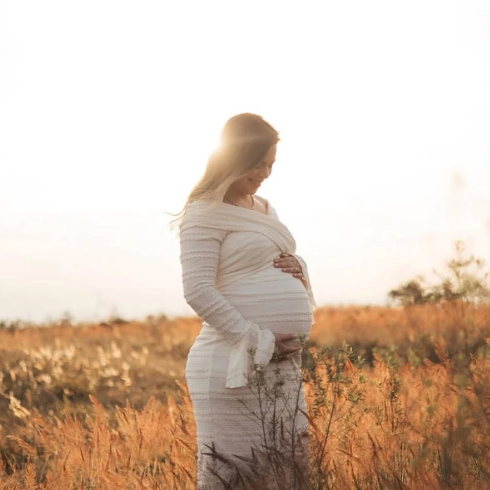 Abito premaman a coda di pesce a maniche lunghe con scollo incrociato Abito autunnale aderente alla moda per donne incinte per servizio fotografico Baby Shower