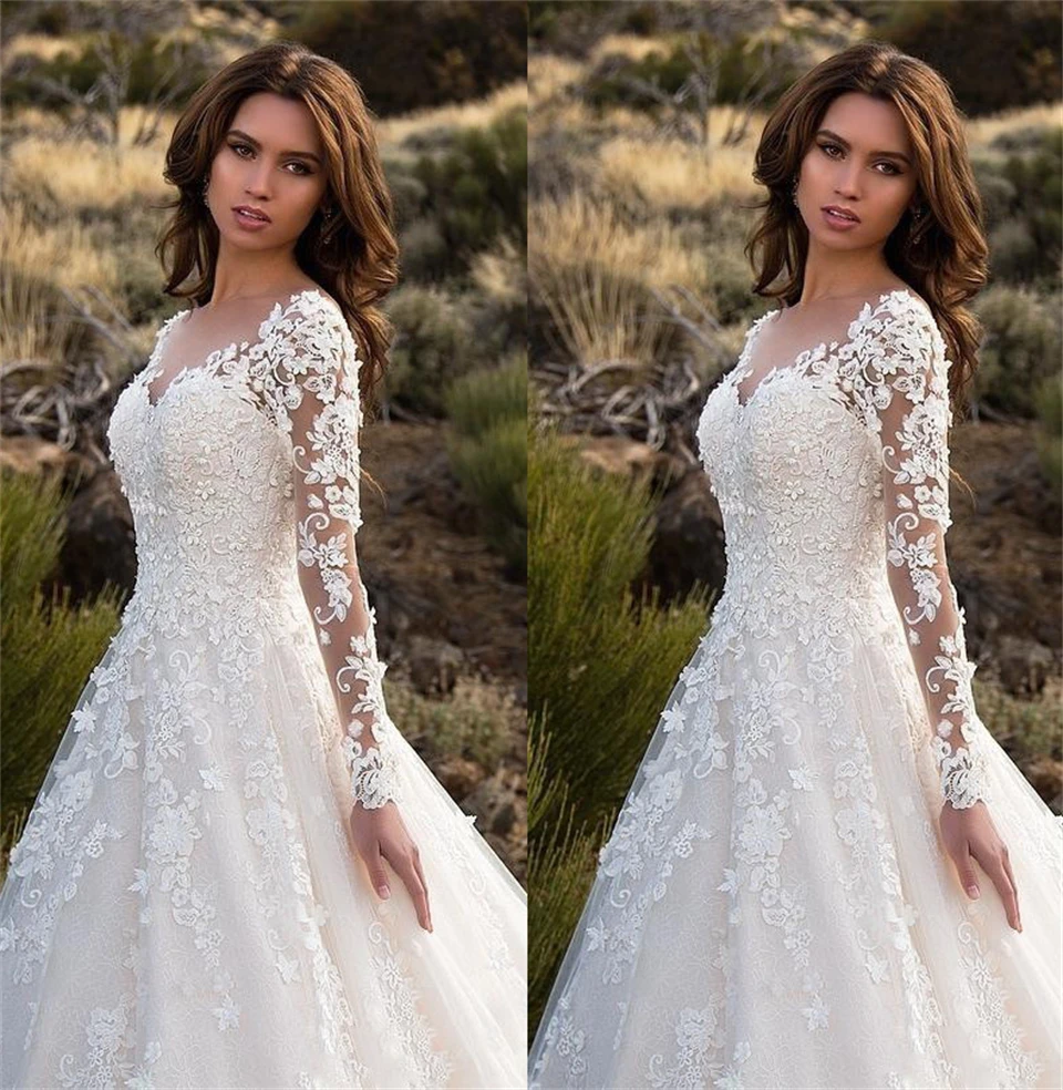 Vestido de novia de línea a con apliques de flores recortados, vestido de novia encantador con escote Corazón, mangas completas, tren de corte, largo hasta el suelo, 2024