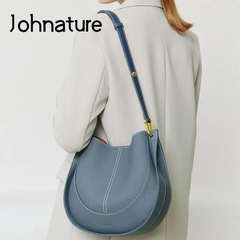 Johnature 2024 New Fashion Women Bag Genuine Leather Versatile Shoulder Bags Solid Color Casual Cowhide Crossbody Bags