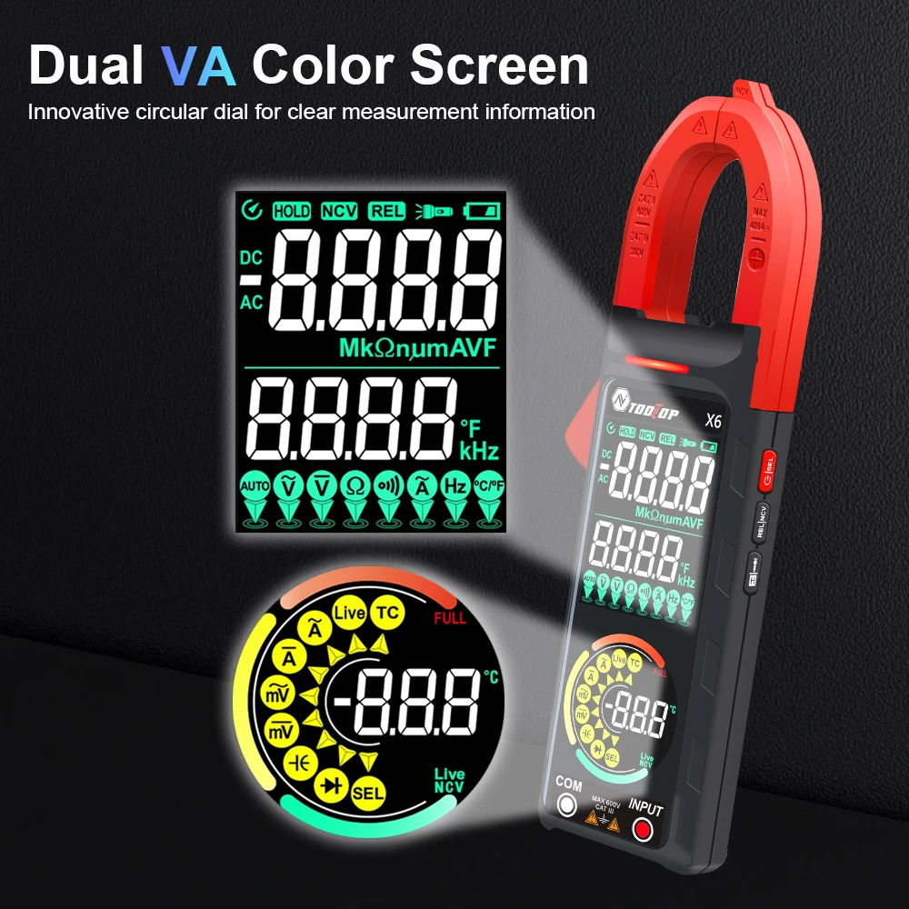 TOOLTOP X6 Smart Digital Clamp Meter AC DC Current Measure 6000 Counts Multimeter 400A Ammeter Voltmeter Hz Capacitance NCV Ohm