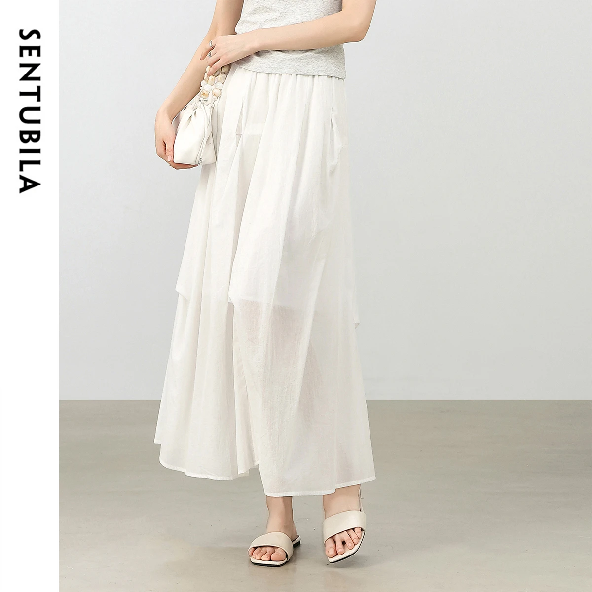 SENTUBILA falda blanca para mujer 2025 verano elegante Casual A-Line faldas plisadas 100% faldas de playa de algodón ropa de mujer W52QA2345