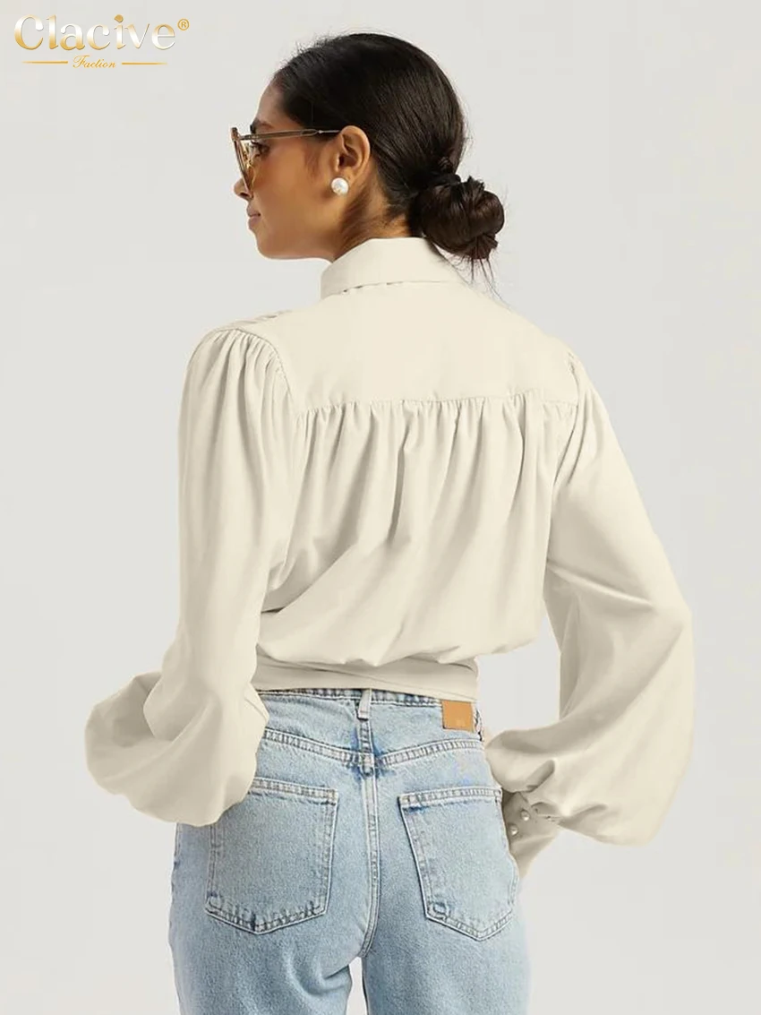 Clacive Fashion Loose Beige Women's Shirt 2026 Spring V-Neck Long Sleeve Shirts Elegant Classic Lace-Up Top Female Clothing