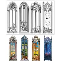 1Sheet Vintage Gothic Windows Clear Stamps Flower Bookmark Clear Stamps Sparkle Moon Silicone Stamps for DIY Scrapbooking Photo