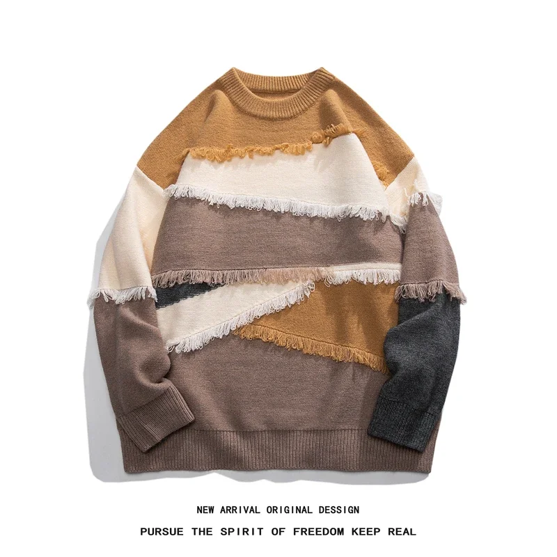 Hole Fringed Sweaters For Men Retro Patchwork Color Round Neck Sweater Pullovers Couple Long Sleeve Tops Man Women