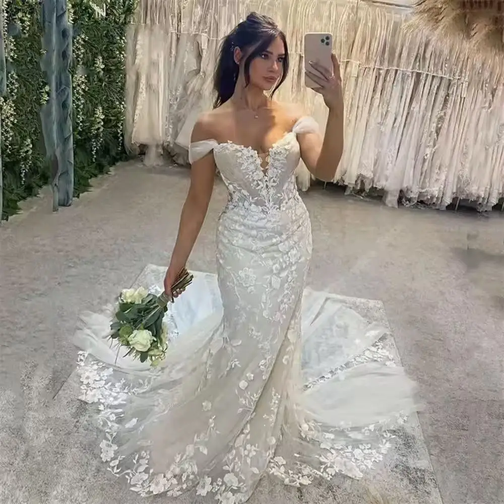 Abiti da sposa a sirena personalizzati con spalle scoperte Abiti da sposa sexy con scollo a V profondo con applicazioni di lunghezza del pavimento Boho Vestidos De Noiva
