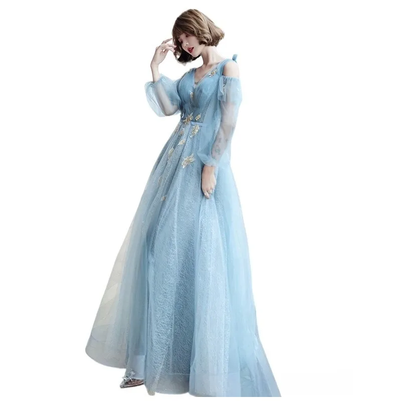 Novo vestido de noite azul com decote em v, placa de malha, moda banquete, reunião anual sonhadora, performance, estilo longo, saia de fio