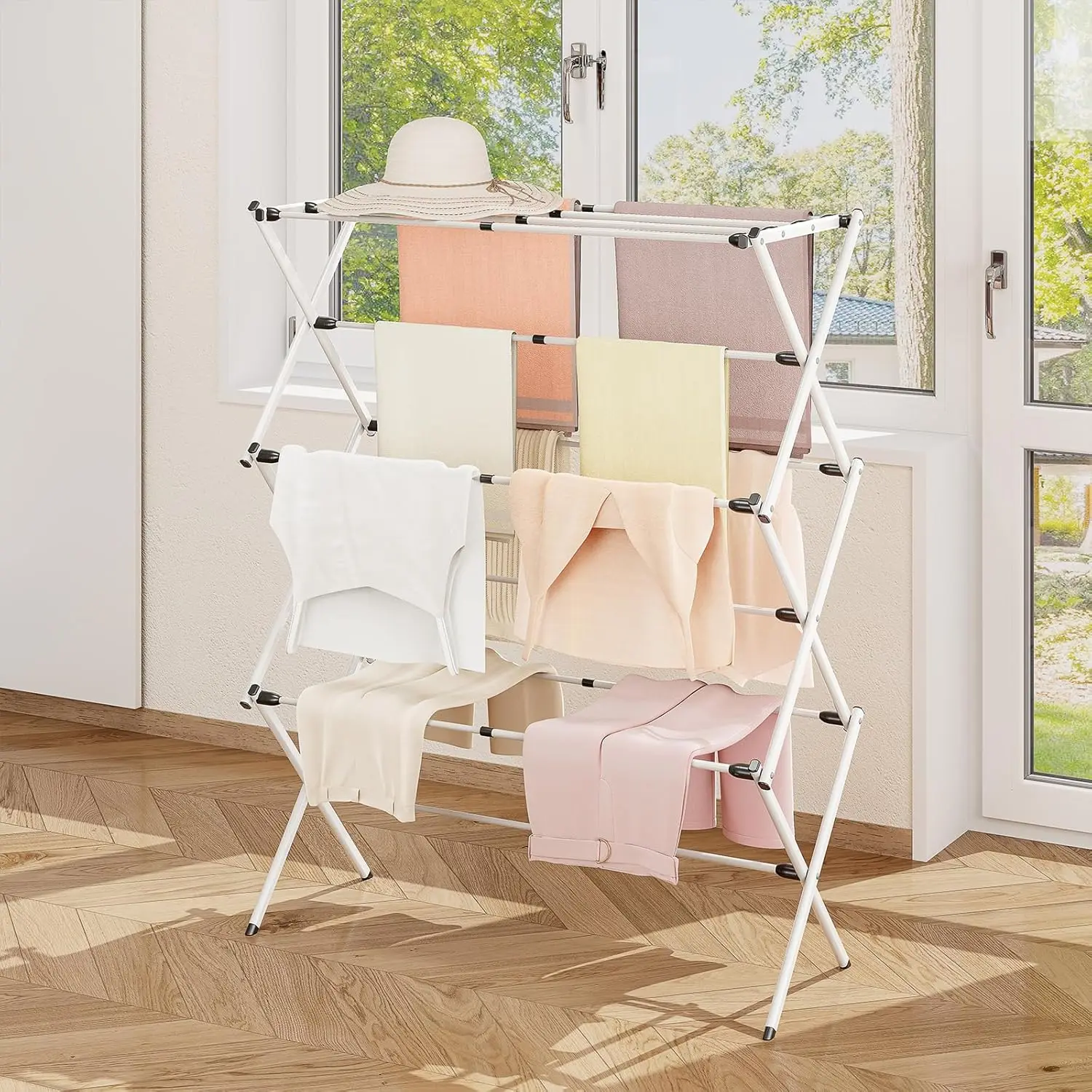 Clothes Drying Rack with 4 Wings, Stainless Steel Drying Rack Clothing with Height-Adjustable, Foldable Gullwings Laundry