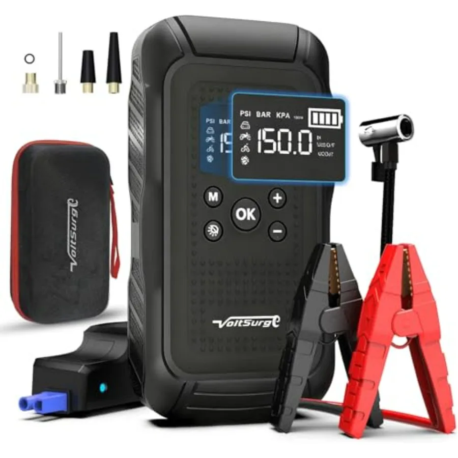

Portable 12V Jump Starter Pack with Air Compressor for All Gas and 10.0L Diesel Vehicles 150PSI Auto Tire Inflator LCD Display