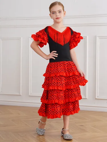 Imagen 2 del producto Vestido de baile Flamenco español tradicional para niñas, falda larga de estilo gitano Flamengo clásico, Festival de corrida de toros, vestido rojo mexicano