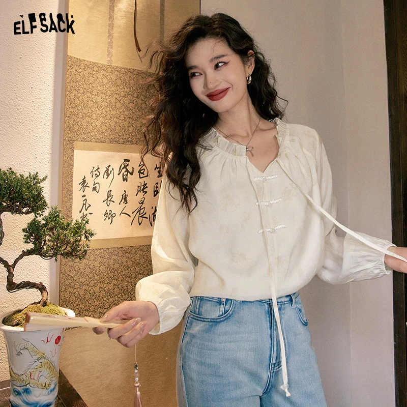 

ELFSACK 2024 summer new arrival picnic travel vacation holiday soft comfortable fitted Chinese style chiffon printing button ele