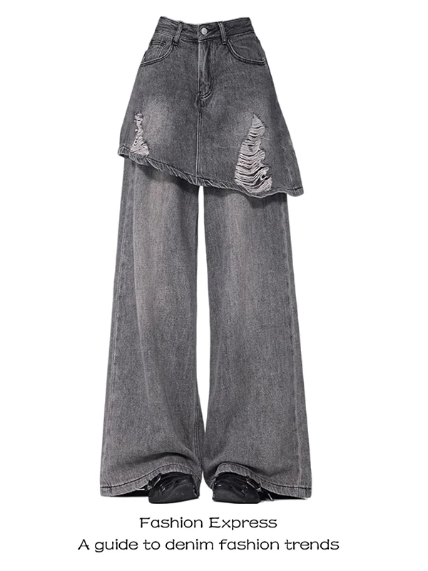 

Джинсовая юбка-брюки большого размера с высокой талией, рваные, прямого кроя, в повседневном стиле, для старшеклассниц, женские, цельные