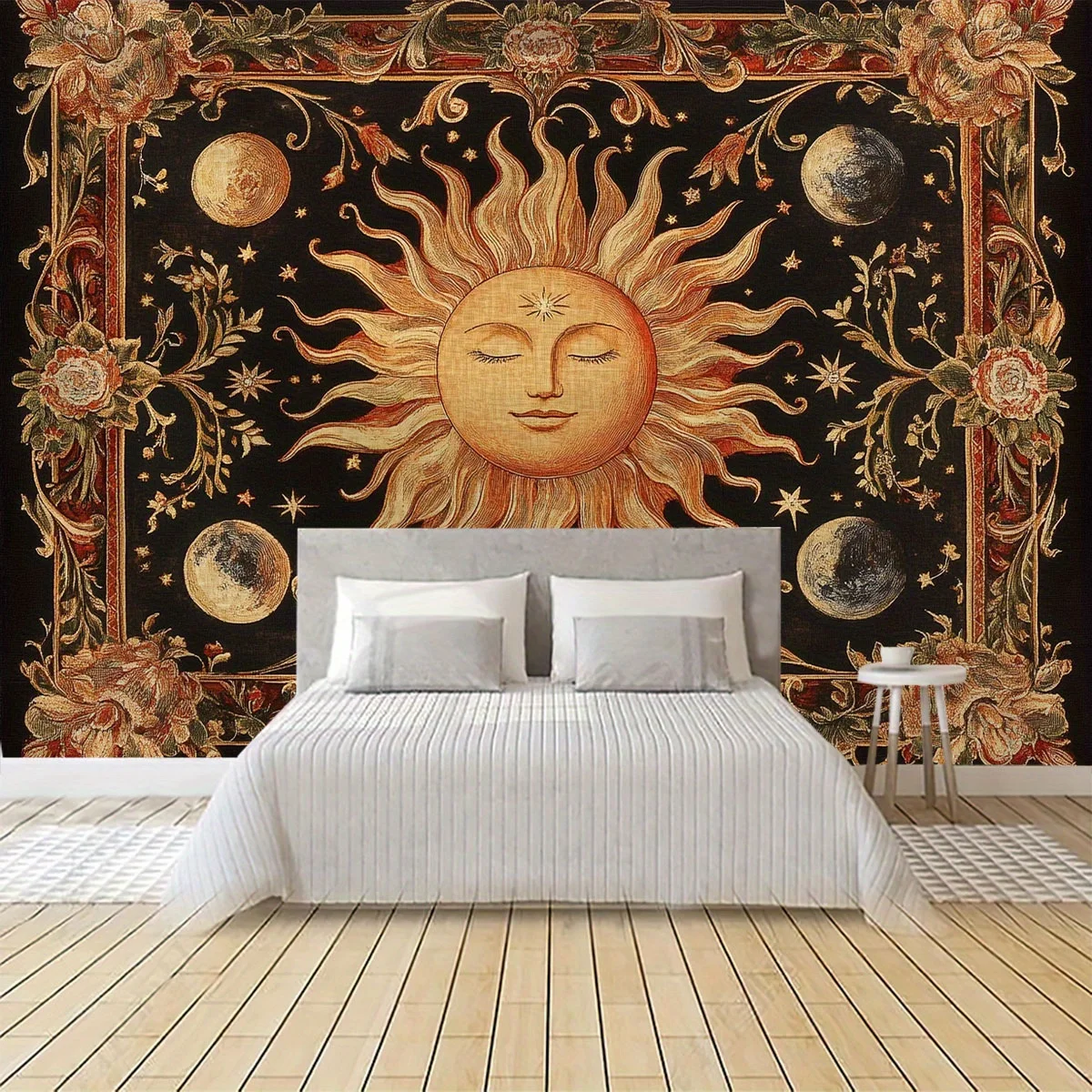 Luxurious Golden Sun Renaissance Tapestry Wall Hanging Boho Celestial Gothic Style Mural Home Decor Canvas Art Backdrop for Bedr