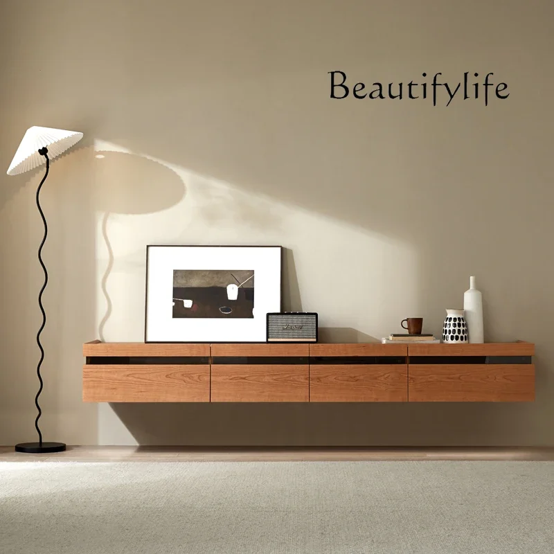 

Moonlight TV Cabinet Solid Wood Stainless Steel Legs Hanging Minimalist Cherrywood Retro Audio Video Appliances Shelf