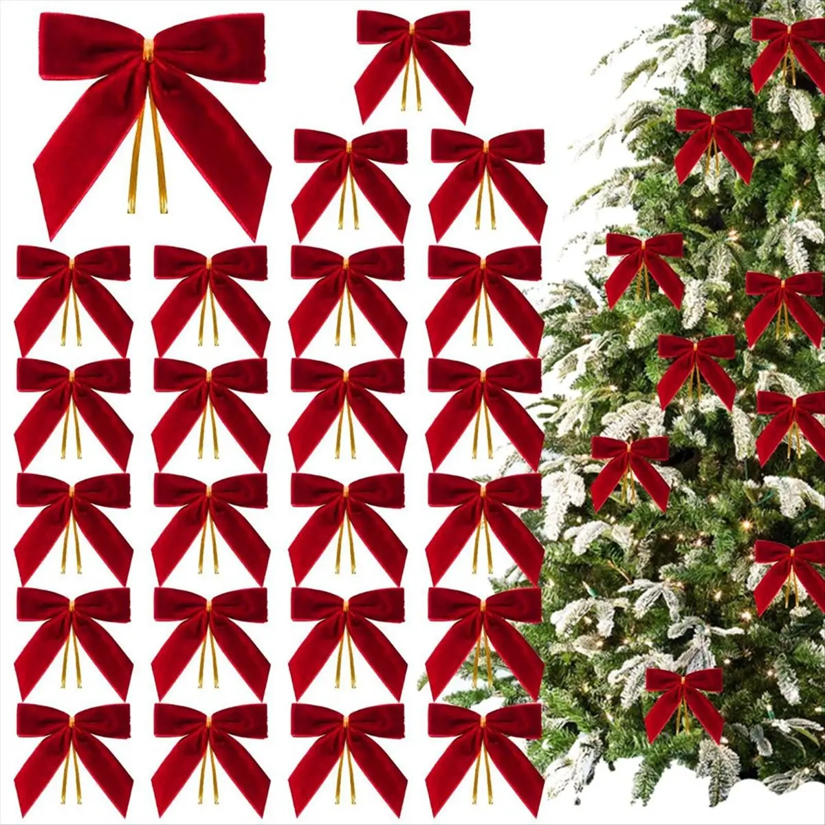 24 PCS Arcos de Natal Decorações de suspensão de Natal Enfeites de árvore de Natal com laço vermelho