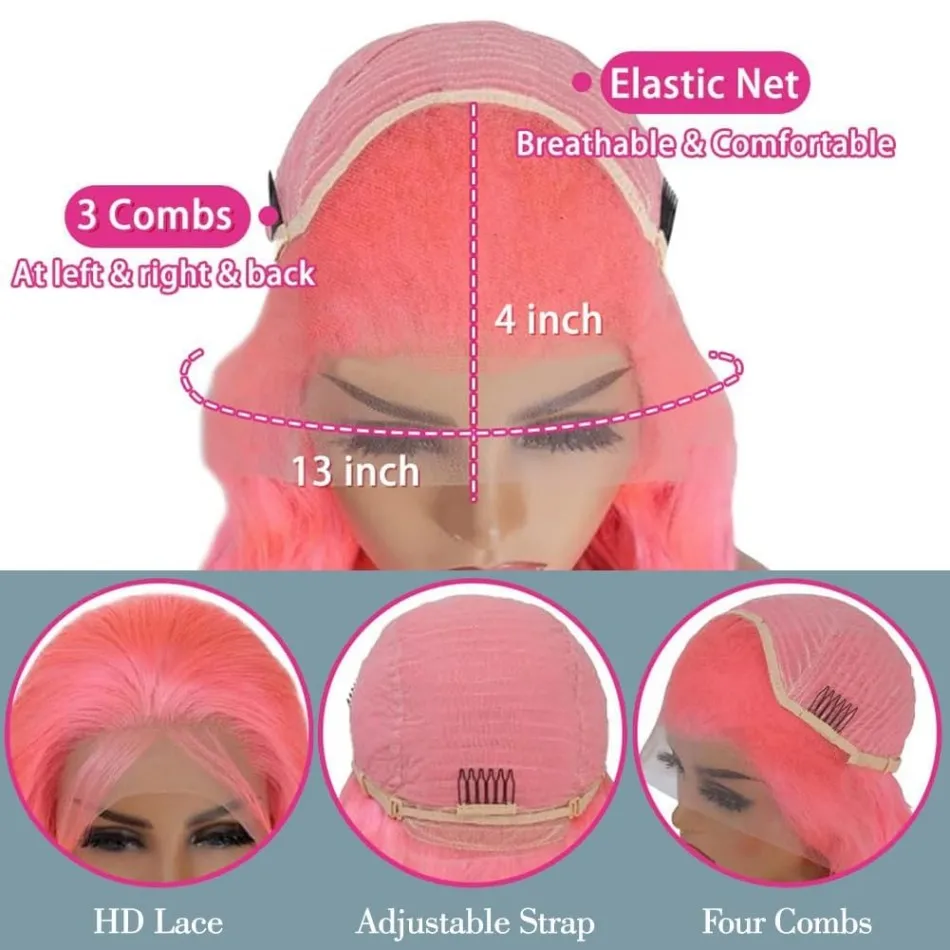 Wig Rambut Manusia Pink Model Body Wave 13X6 Hd Lace Frontal Wig 100% Rambut Manusia Wig Lace Front Berwarna Preplucked Rambut Brasil 38 Inch