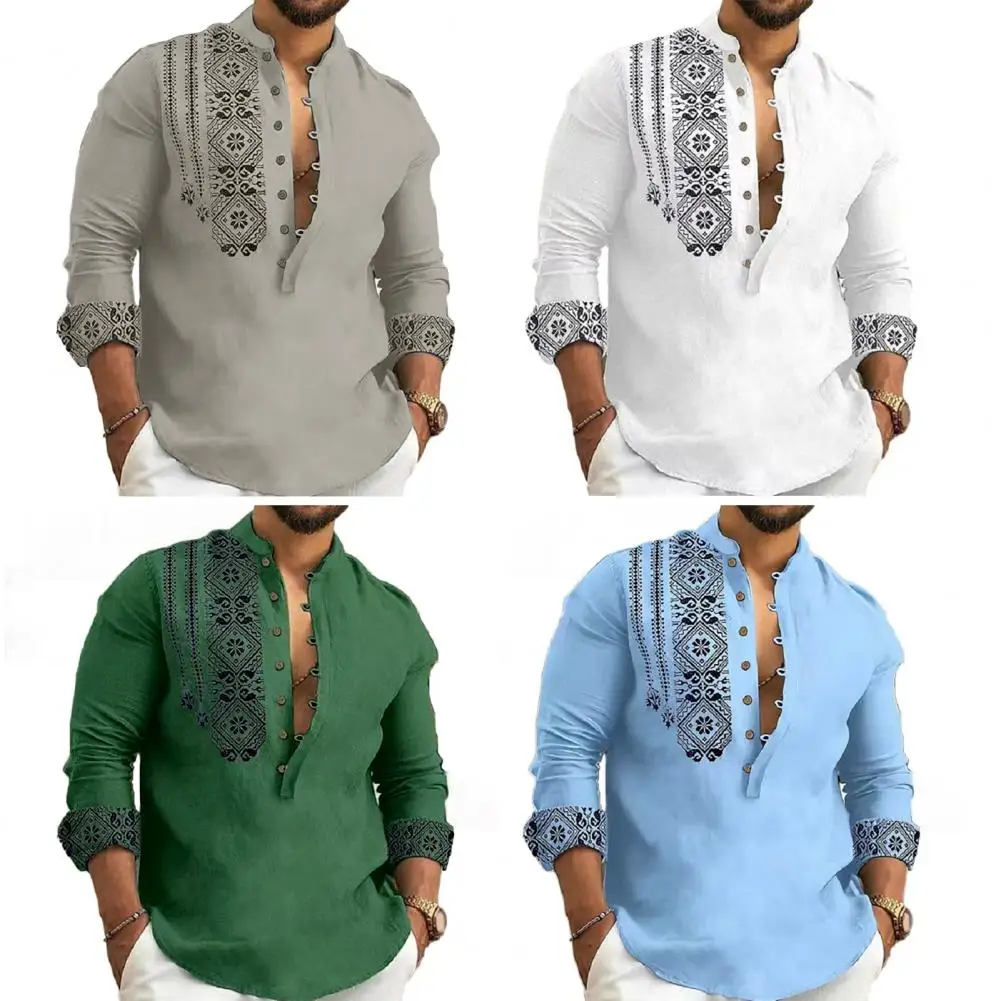 Ethnic Style Men Fall Spring Shirt Vintage Print Half Single-breasted Men Shirt Slim Fit Soft Breathable Men Casual Office Top