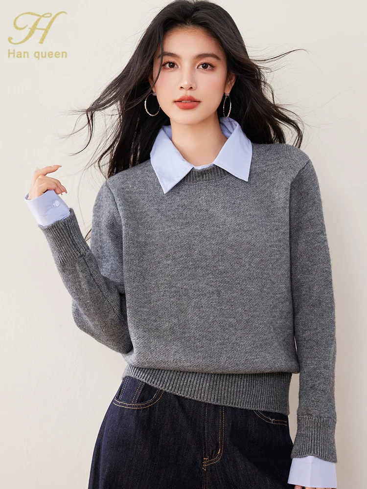

H Han Queen Autumn Winter Loose Pullover Sweaters Soft Elastic Elegant Fashion Patchwork Long Sleeve Knitwear Female Clothing