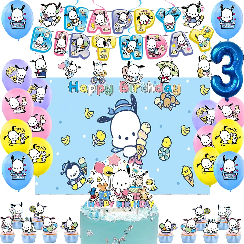 Pochacco-バルーン,バナー,背景ケーキのデコレーション,誕生日パーティー用品,ベビーシャワー