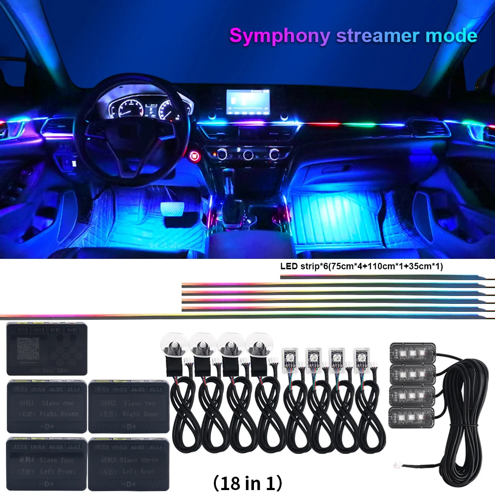 6/10/14/18 In 1 LED Dual Zone Symphony RGB Neon Acrylic Strip Interior Ambient Atmosphere Light 12V 4