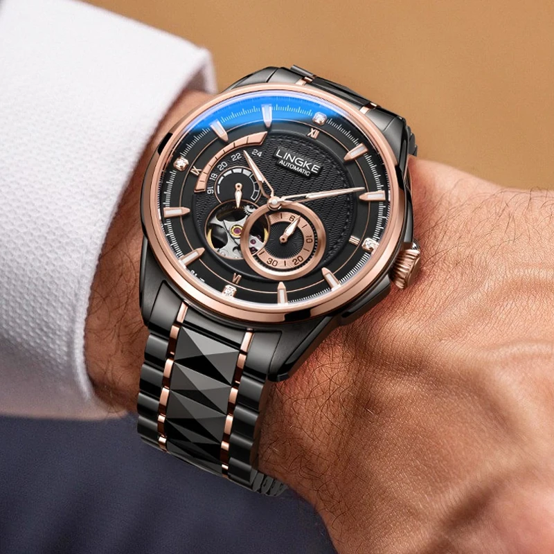 LINGKE nuevo reloj mecánico Tourbillon de lujo de alta gama para hombres relojes de esqueleto automáticos impermeables de acero inoxidable para hombres