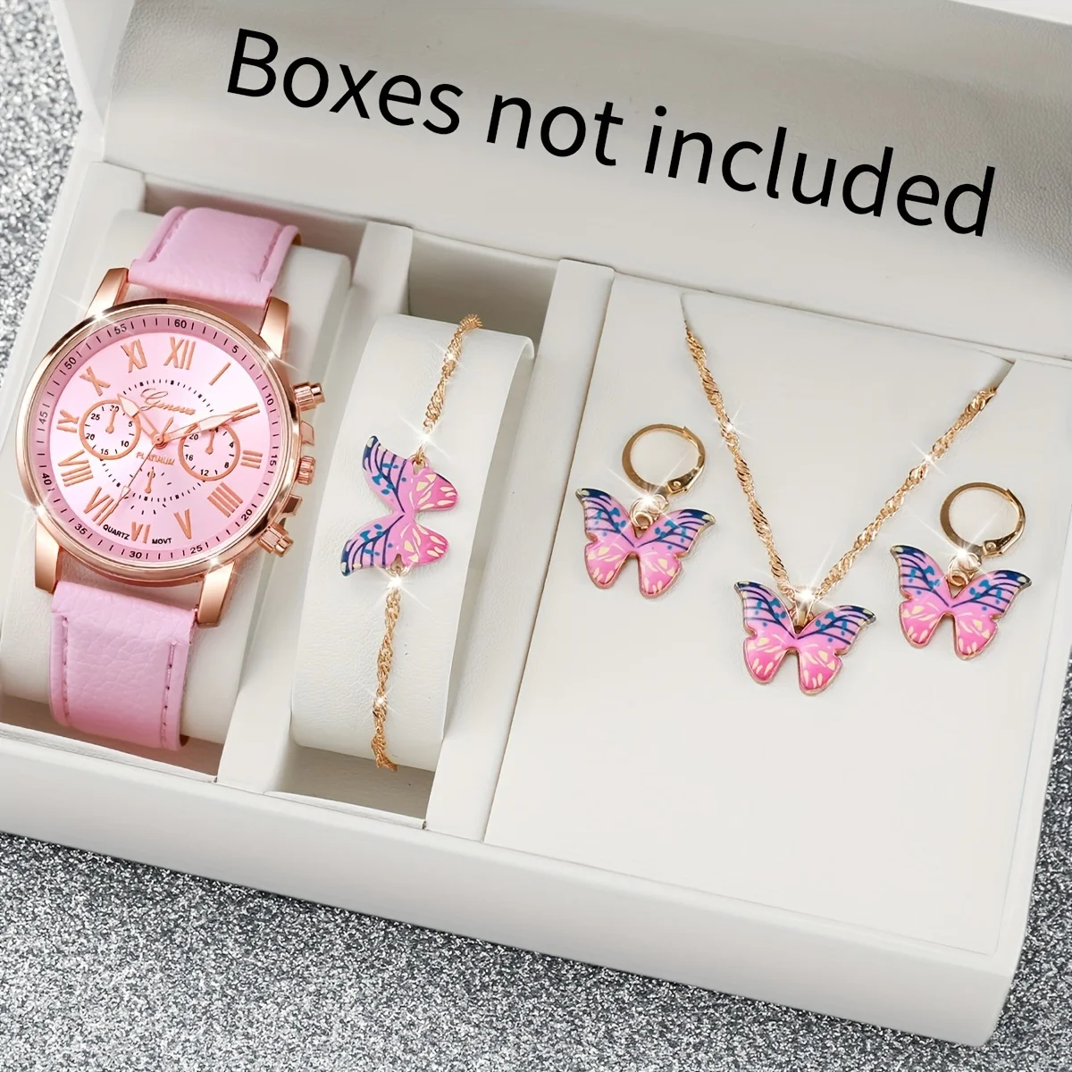 

5pcs/set Women's Pink Fashion Quartz Watch Analog PU Leather Wrist Watch & Butterfly Jewelry Set, Gift For Mom Her