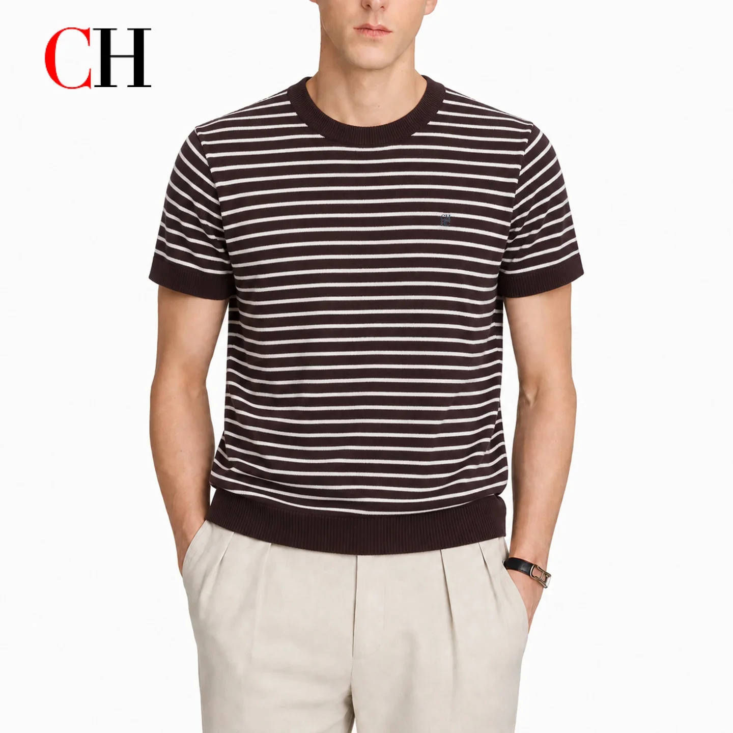 CH Mens Standard Crew Neck Chest Mini Emblem Embroidery Full Rib Trim Striped Short Sleeve Knit Top All Match Daily Men Wear
