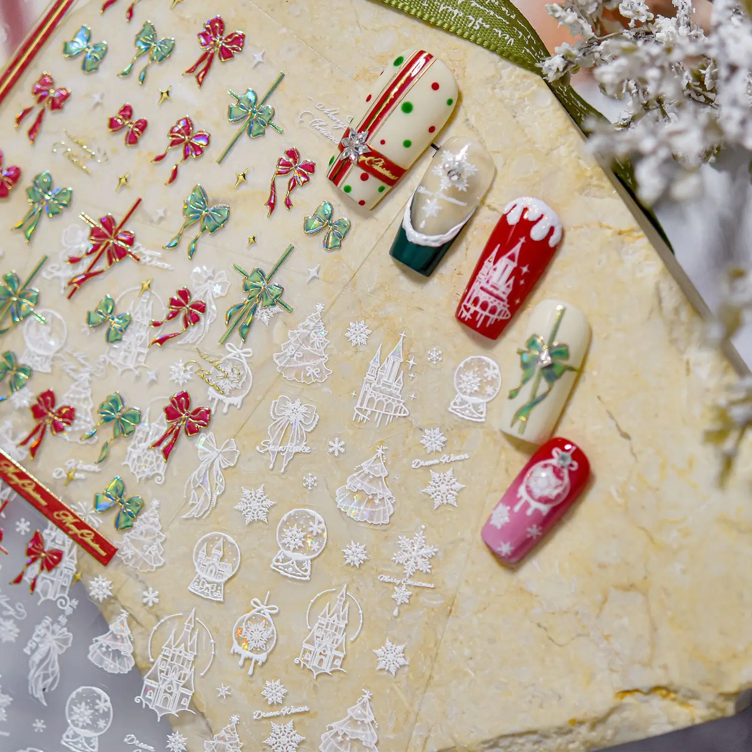 3D Merry Christmas Red Green Gift Bowknot Snowflake Castle High Quality Adhesive Nail Art Stickers Nail Art Decoration T-5354