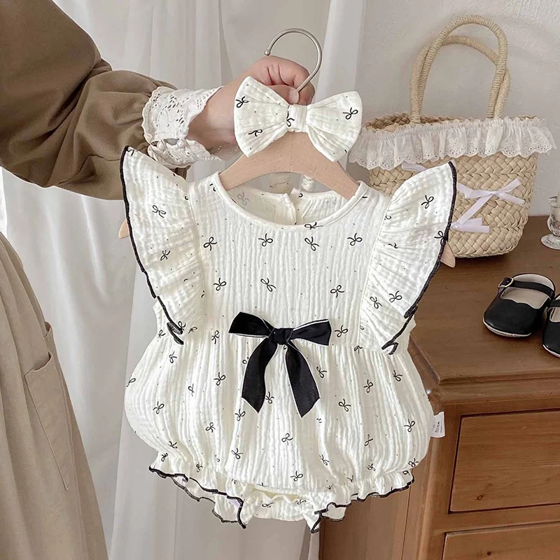 2026 New Summer 0-24M Children Clothes Infant Baby Girls Bodysuits+Hairband Flying Sleeve Cotton Print Toddler Baby Jumpsuit