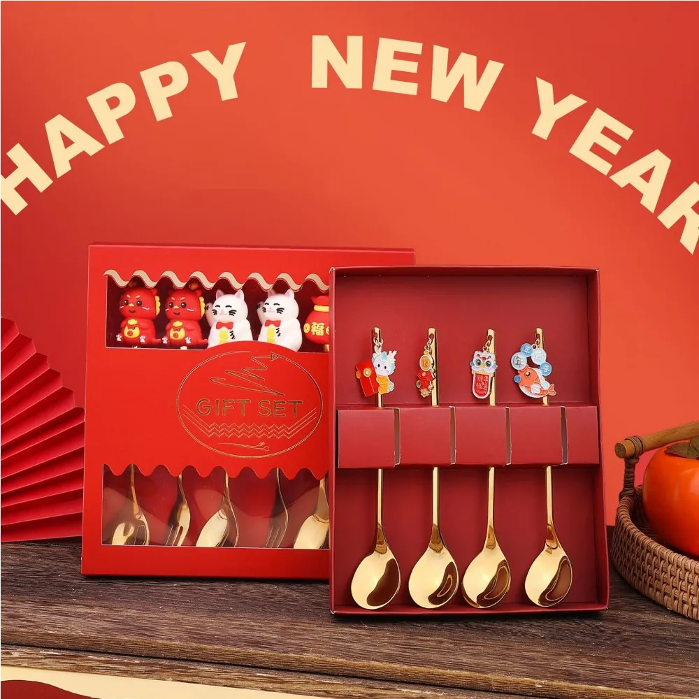 New Stainless Steel Spoon And Fork With Year Of The Dragon Festive Pendant Creative Coffee Spoon And Fruit Fork Gift Box 2024