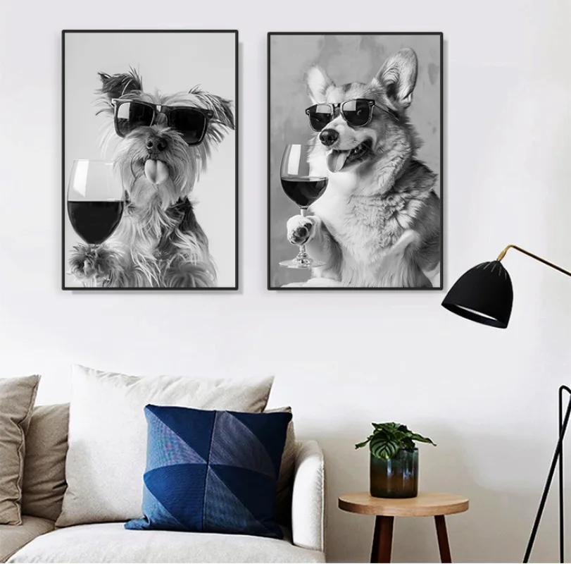 Black and White Funny Animal Poster Drinking Dog and Wine Glasses Canvas Painting Pet Wall Art Kitchen Room Home Decor Mural