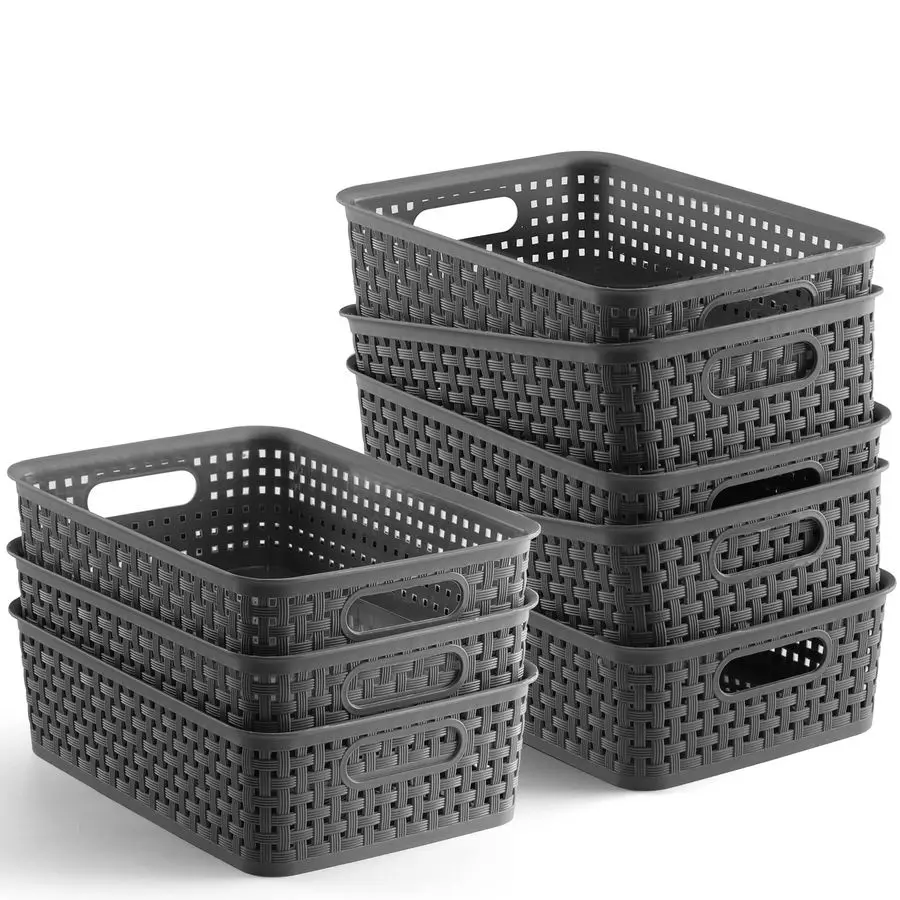 

Plastic Storage Baskets 8 Pack, Gray, Durable, Easy to Use, Flexible, MultiPurpose, Ideal for Closets, Cabinets, Shelves, Counte