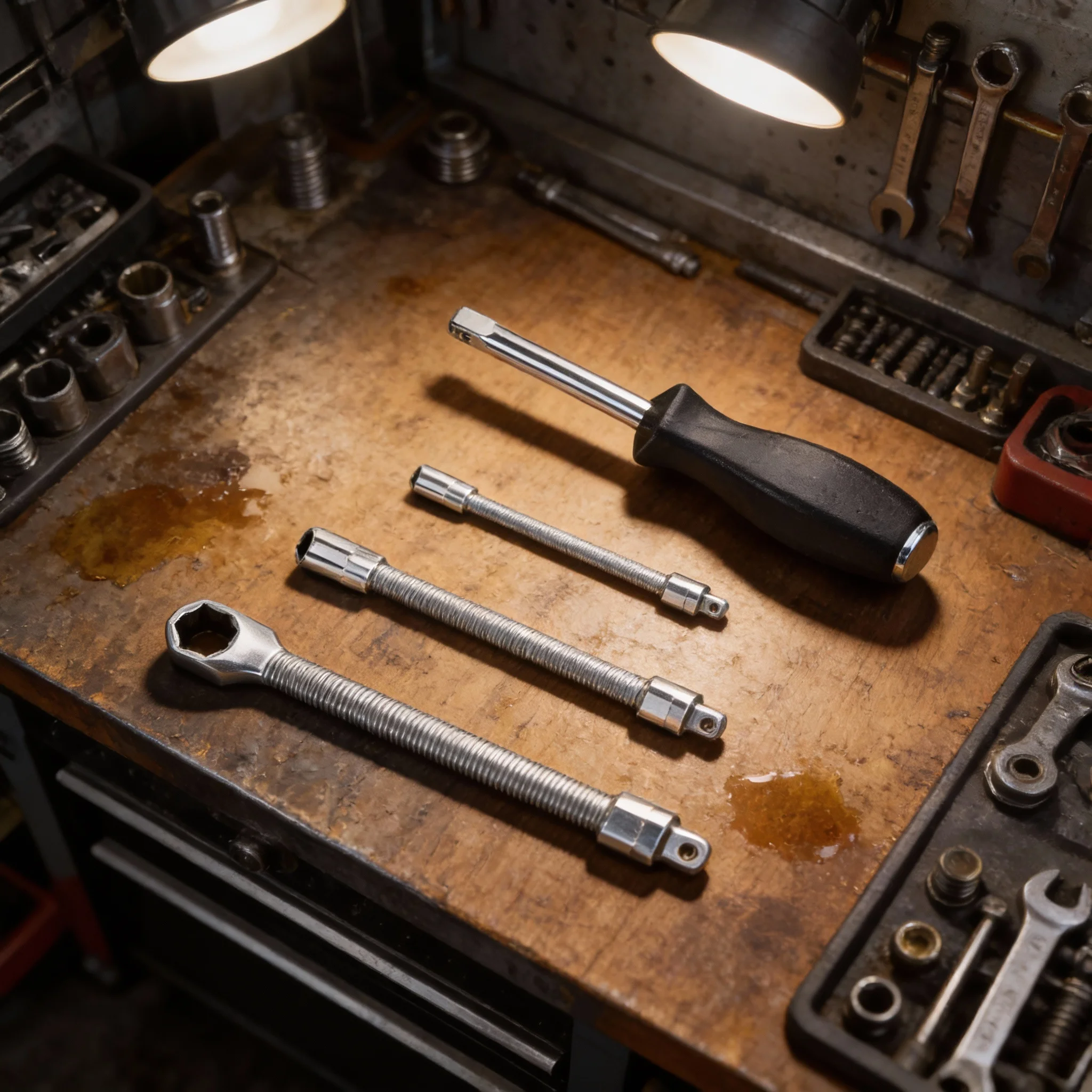 

4 шт., гибкая головка, удлинитель, переходная головка привода вала, ключ с храповым механизмом, удлинитель привода вала, набор головок