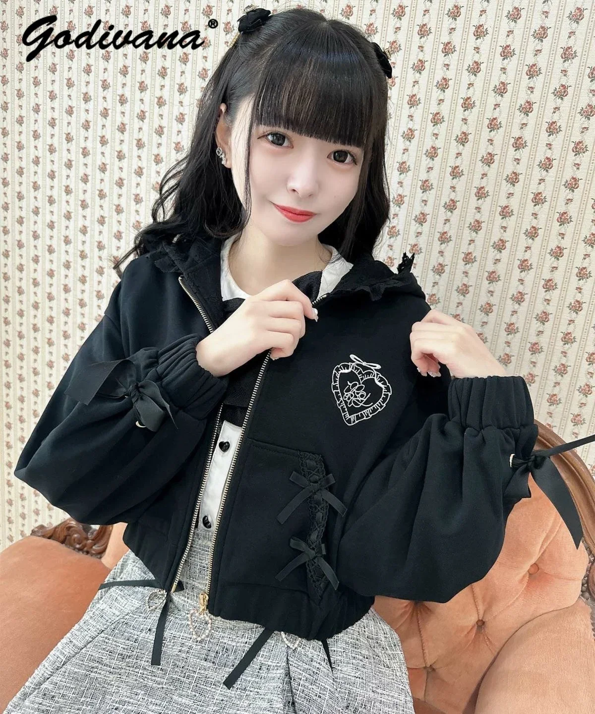 New Japanese Autumn Rojita Lace Love Bow Embroidered Hooded Sweatshirt Jacket Mine Series Women Sweet Short Hoodie Coat