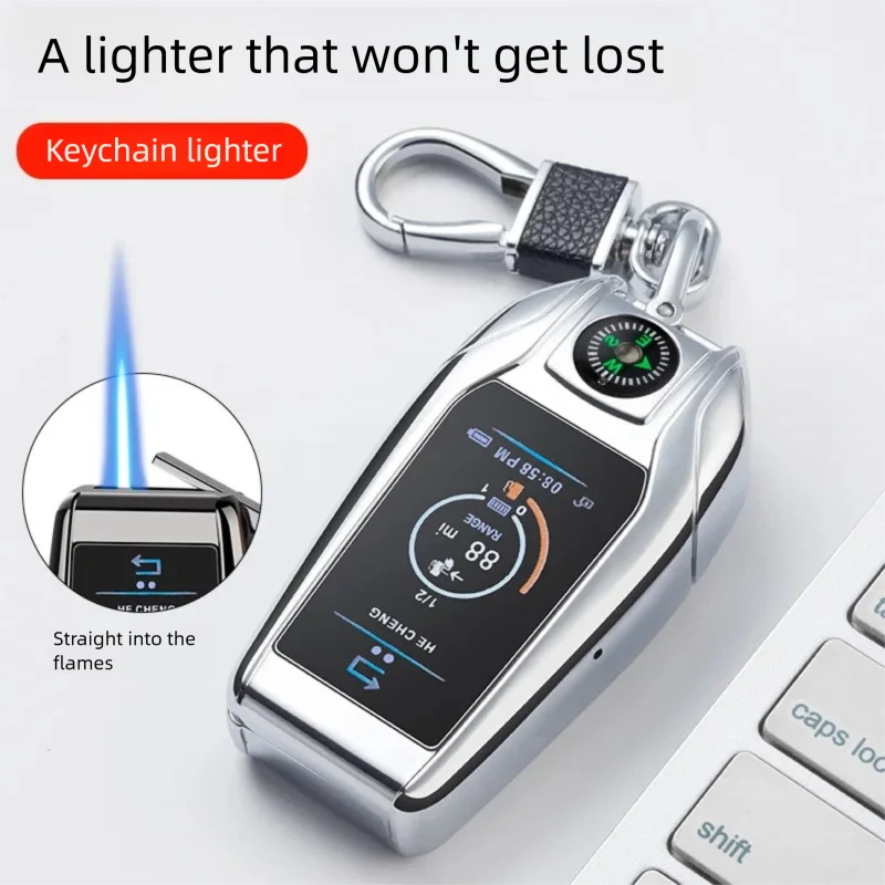 Outdoor Dual-Power Keychain Lighter - Jet Flame Metal Body Rechargeable Refillable with Built-in Compass