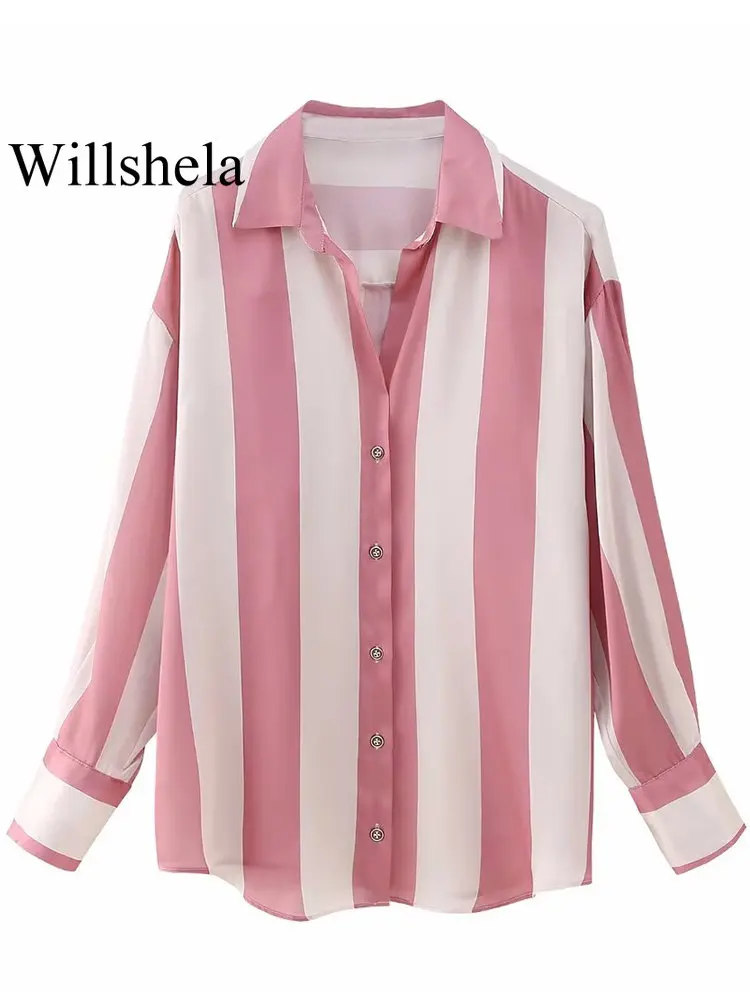 Willshela Women Fashion Satin Striped Single Breasted Loose Blouse Vintage Lapel Neck Long Sleeves Female Chic Lady Shirts