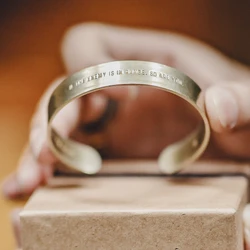 Maden Vintage BLISS Open Polished White Copper Wide Bracelet with Letter Engraved Brass Polished Bracelet Accessories for Men