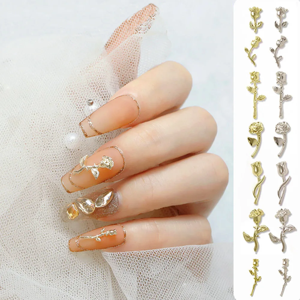 

10Pcs/lot 3D Alloy Rose Flower Nail Art Charms Gold/Silver Nail Decorations DIY Accessories Luxury Manicure Jewelry