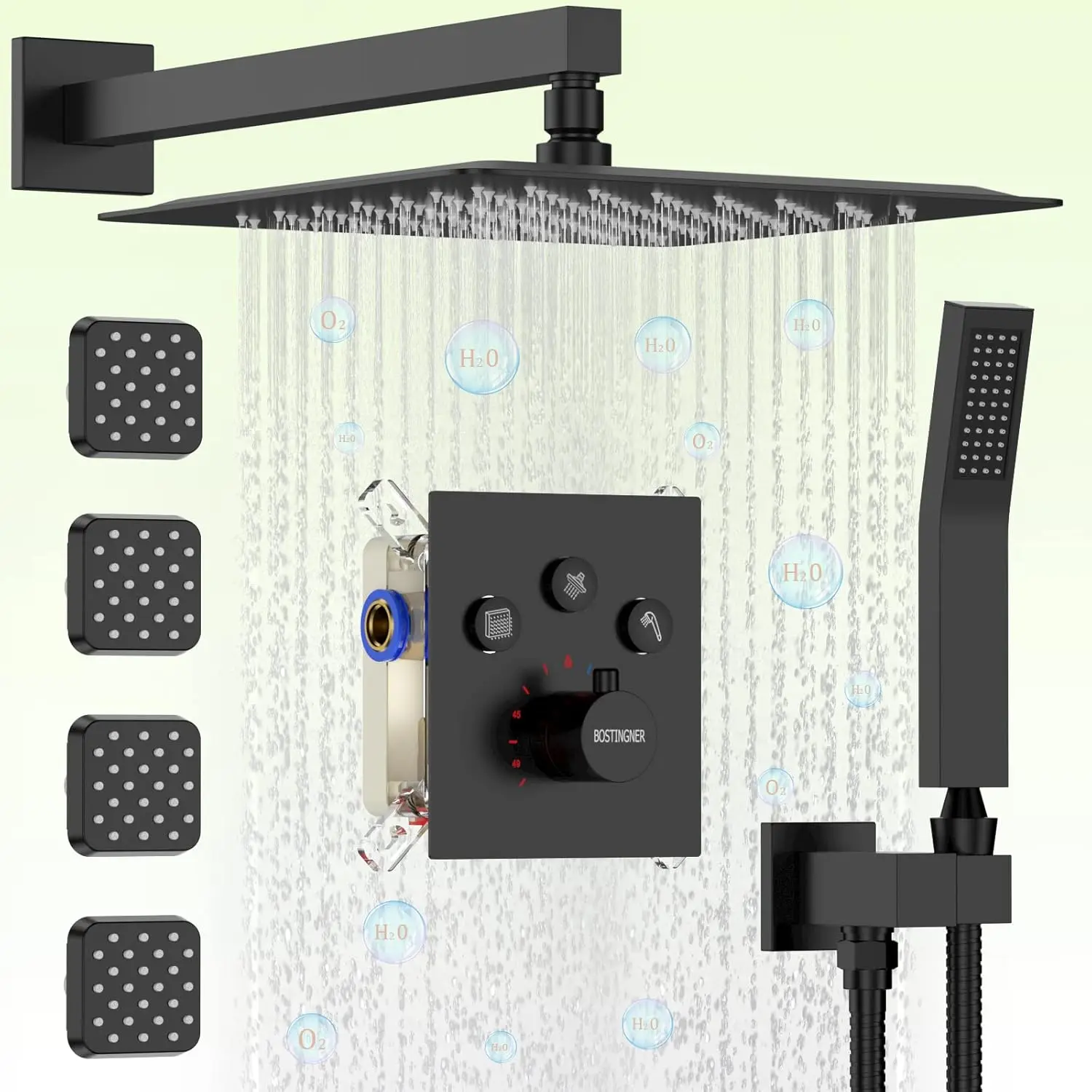 Thermostatic Rain Shower System, Matte Wall Mount Faucet Set with Body Jets and Valve, All Functions Simultaneous Use