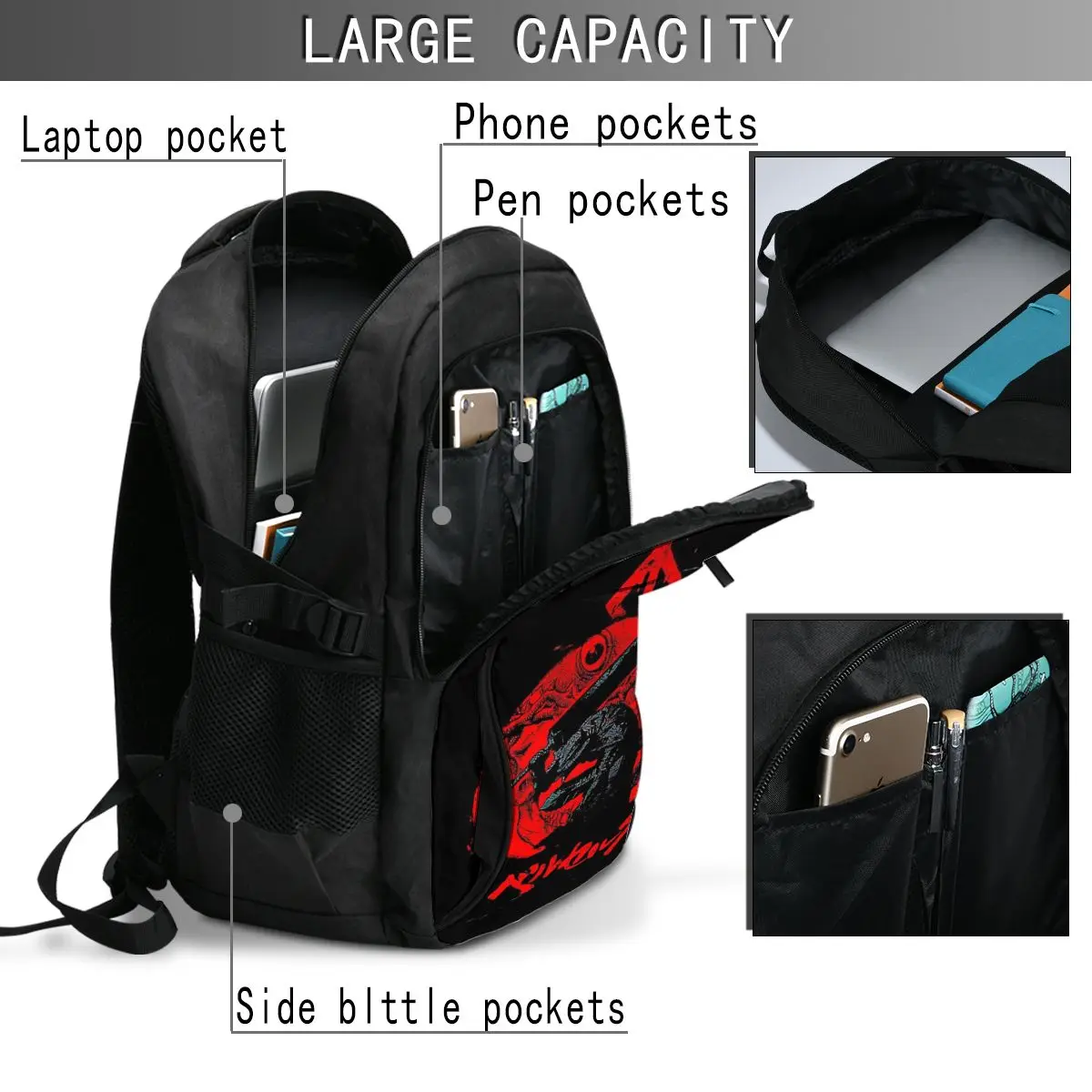 Mochila de viaje para ordenador portátil, morral resistente al agua con puerto de carga USB, bolsa universitaria para hombre y mujer, Anime Berserk